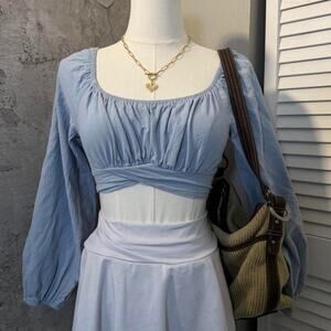 Blue Ruffled Cropped Long Sleeve